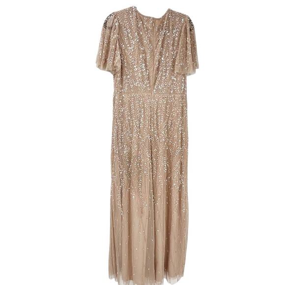 Mac Duggal Embellished Flutter Sleeve Wedding Guest Maxi Gown Nude Size 12 NWT - Picture 6 of 13